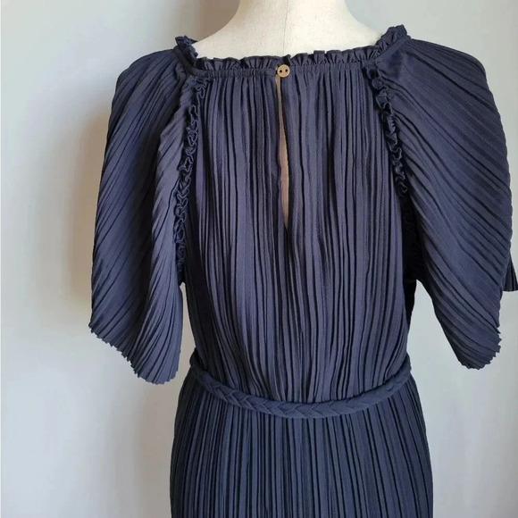 Ann Taylor New Navy Plisse Pleat Belted Flutter Sleeve Midi Dress Size Medium - Picture 9 of 10